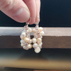 925 Sterling Silver Handmade Pearl And Crystal Cluster Earrings